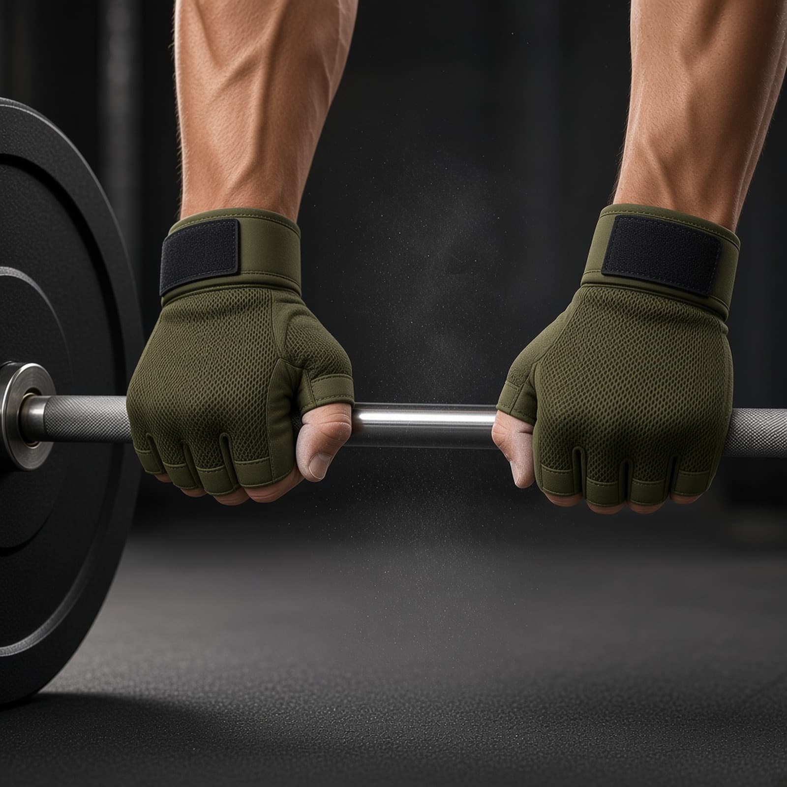 Hands in training gloves gripping a loaded barbell